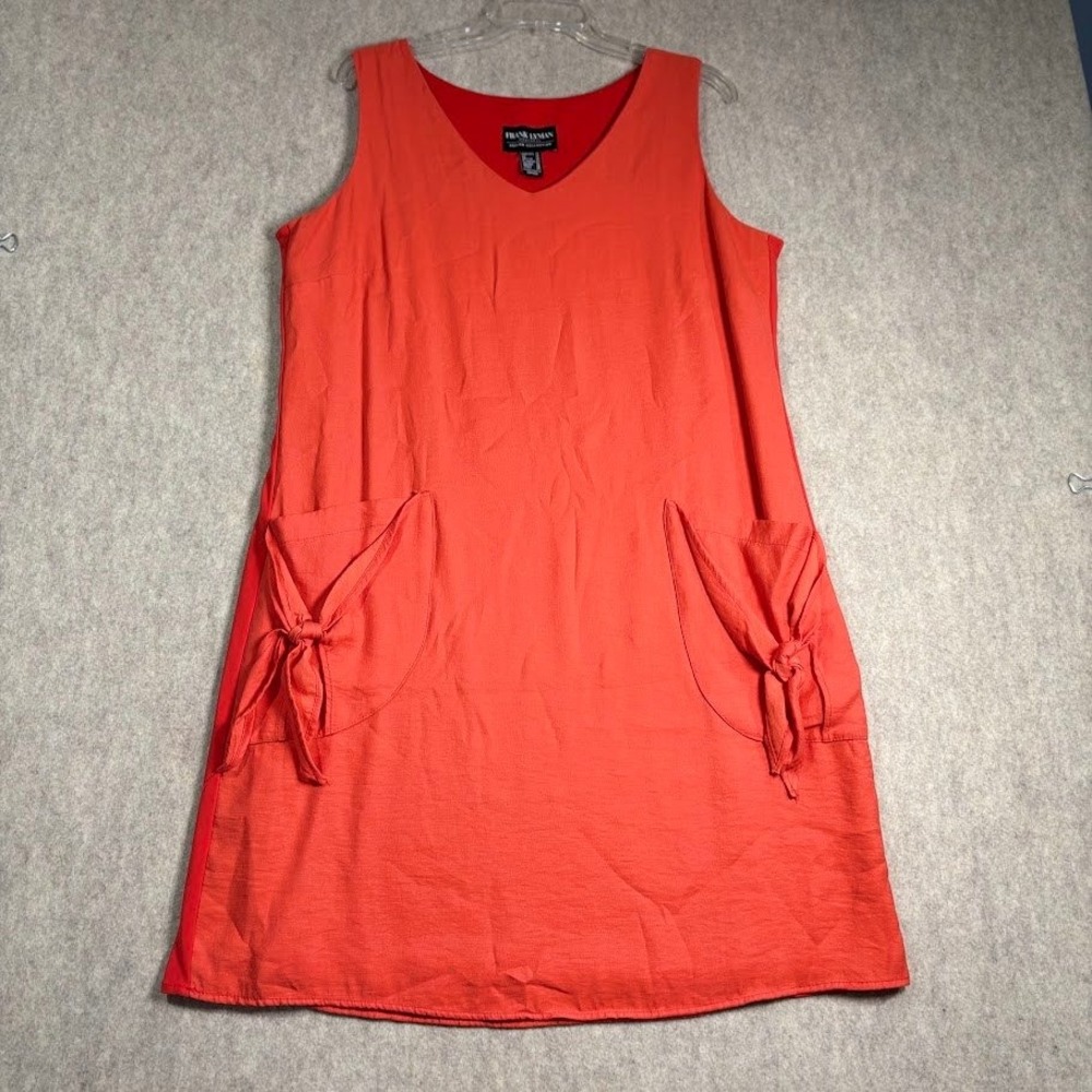 Frank Lyman Shift Dress Womens 16 Orange Rayon Blend V-Neck Tie Pocket Coastal
